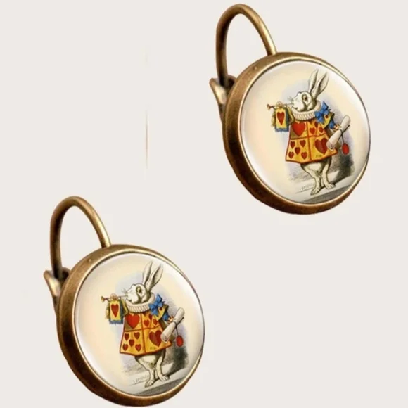Alice In Wonderland White Rabbit In Courtyard Earrings Round Circular Earrings - Picture 1 of 6